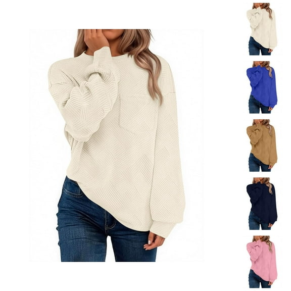Sweat Shirts For Womens Women's Solid Color Sweatshirt Women's Casual Solid Color Crew Neck Long Sleeve Pocket Pullover Sweatshirt