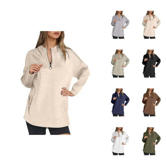 Sweat Shirts For Womens Women's Solid Color Sweatshirt Women’s Fall/Winter Half Zip Hoodie – High Neck Pullover Sweatshirt With Zipper
