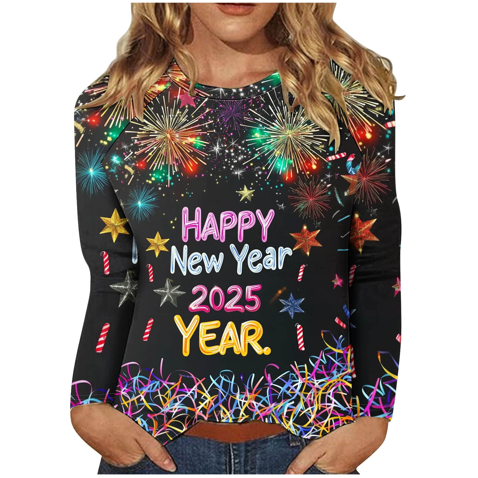 Sweat Shirts Women Long Sleeve Happy New Year Long Sleeve T-Shirt 2025 ...