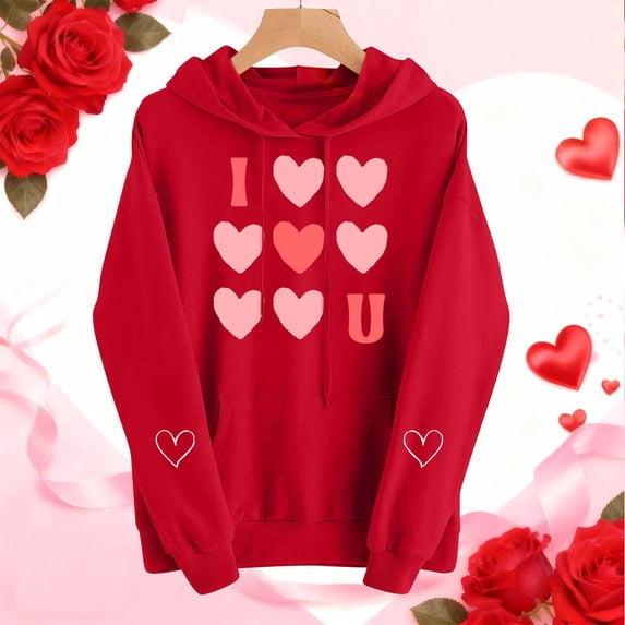 Sweat Shirts for Womens,Womens Cozy Valentine'S Day Printed Hooded Sweatshirt Long Sleeve Cute Soft Fabric Breathable Relaxed Fit Everyday Top Red S