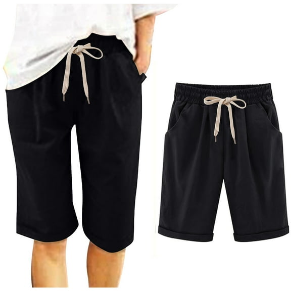 Sweat Shorts for Women Below The Knee Hiking Shorts Lightweight Casual Shorts Elastic Waist for Casual (Black, 3XL)