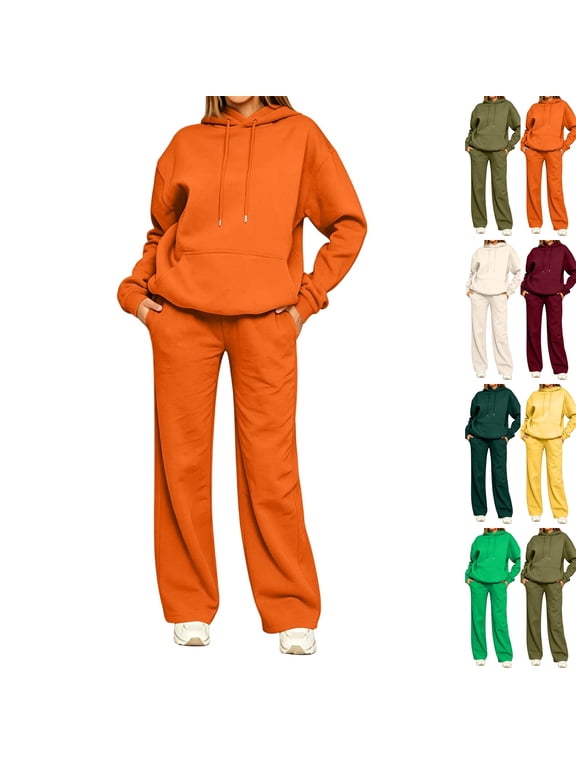 Sweat Suit Women Cute Comfortable Hoodie and Sweatpants Set | Track Suits for Women Set Resort Cute Y2k Petite Sets for Women 2 Piece for Trip Walking Travel Orange S