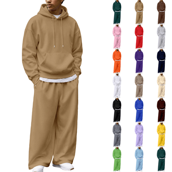 Sweat Suits Men 2 Piece Fleece Hoodies and Open Hem Sweatpants Workout Sets Coffee 2XL