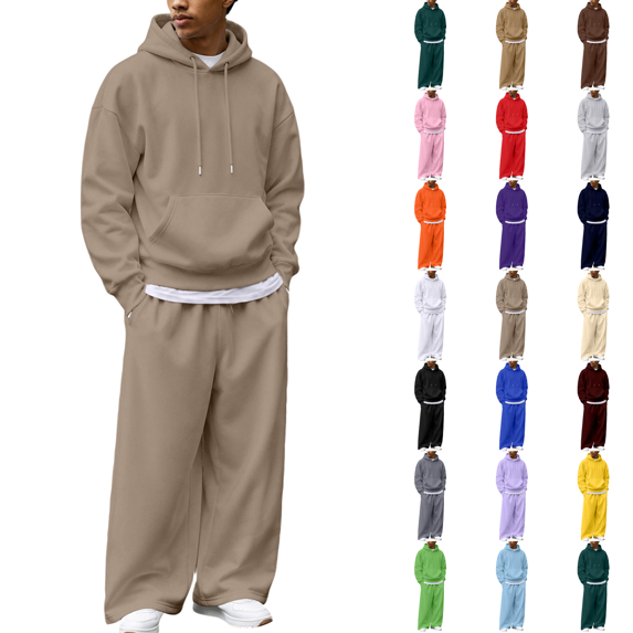 Sweat Suits Men 2 Piece Fleece Hoodies and Open Hem Sweatpants Workout Sets Khaki L