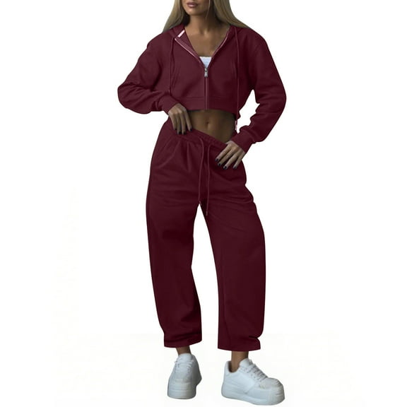 Sweat Suits Women 2 Piece Outfits Cropped Zip up Hoodie and Sweatpants Sets Drawstring Loose Fall Lounge Set, S