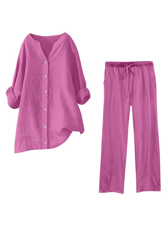 Sweat Suits Women Womens 2 Piece Outfits Plus Size Cotton Linen Set, Long Sleeve Button Shirt Matching Elastic Waist Pants Suit, Womens Spring Outfits Women 2 Piece Outfits Sets Casual XXL