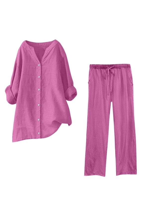 Sweat Suits Women Womens 2 Piece Outfits Plus Size Cotton Linen Set, Long Sleeve Button Shirt Matching Elastic Waist Pants Suit, Womens Spring Outfits Women 2 Piece Outfits Sets Casual XXL