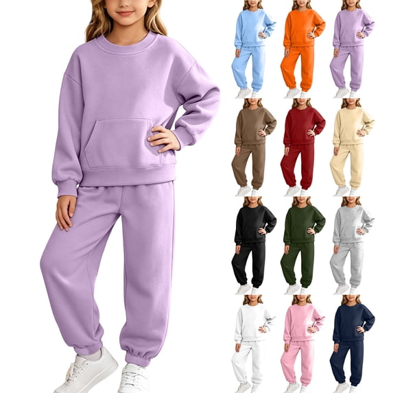 Sweat Suits for Boys Girls 2 Piece Casual Loose Thermal Fashion Outfits Crew Neck Long Sleeve Sweatshirts Jogging Pants (14 Years, Purple)