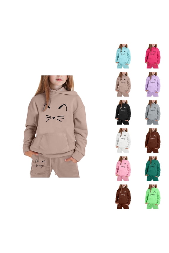 Sweat Suits for Girls Boys Cute Cat Hoodie and Jogging Sweatpants 2 Piece Matching Sweatsuit Kids Jogging Suits