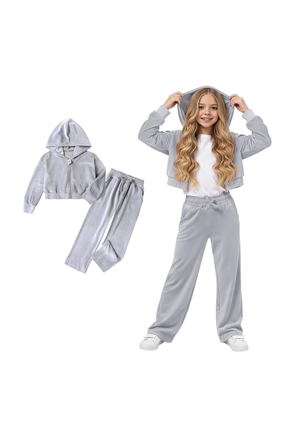 Sweat Suits for Girls Velour Grey Tracksuit Kids Zip Up Cropped Hoodie and Sweatpants Set Girls Clothes Size 5-6 Years
