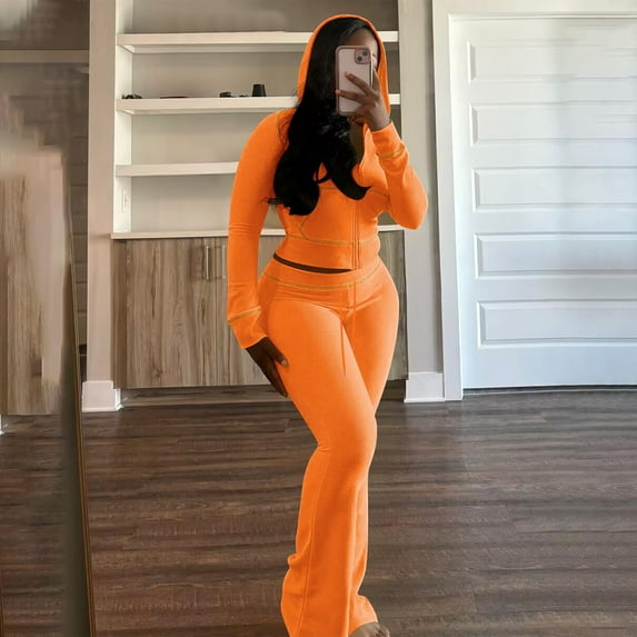 Sweat Suits for Women's 2 Piece Casual Temperament Elegant Outings Huafu Zipper Pocket Hooded Shoulder Top Micro Flared Pants