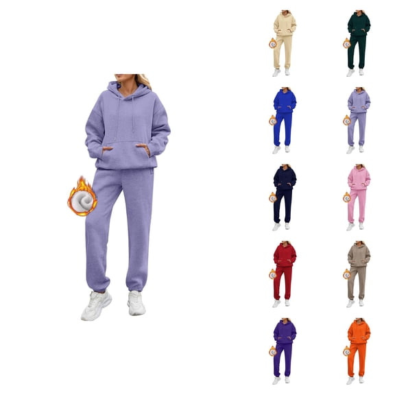 Sweat Suits for Womens 2 Piece 2026 Winter Fashion Plain Lined Hoodie and Joggers Sweatpants Matching Set