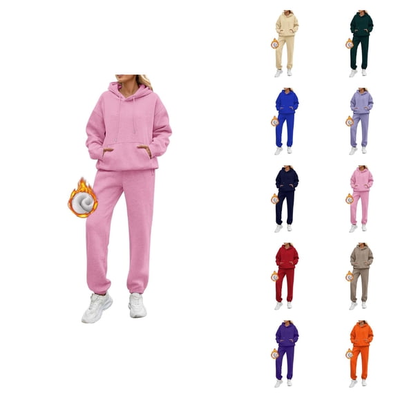 Sweat Suits for Womens 2 Piece 2026 Winter Fashion Plain Fleece Lined Hoodie and Joggers Sweatpants Matching Set