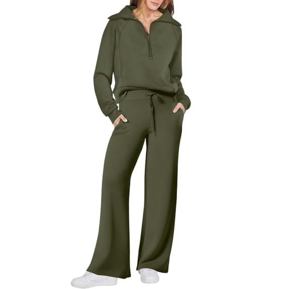 Sweat Suits for Womens 2 Piece Half Zip Pullover Wide Leg Sweatpants Set Airport Outfits Loungewear Matching Sets Army Green XL