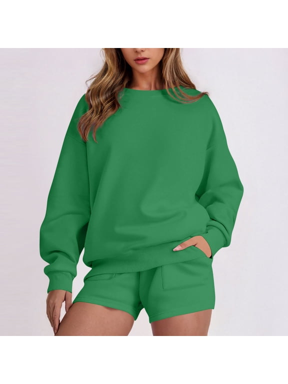 Sweat Suits for Womens 2 Piece Oversized Crewneck Sweatshirt and Shorts Solid Color Tracksuit 2 Piece Workout Sets for Women