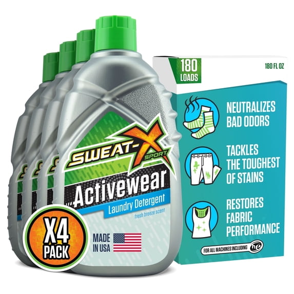 SWEAT X Original Activewear Laundry Detergent Liquid - Natural Washing Detergent for Activewear & Gym Clothes - Non Toxic Laundry Detergent for Sensitive Skin - Concentrated, 45 Loads (4 Bottles)