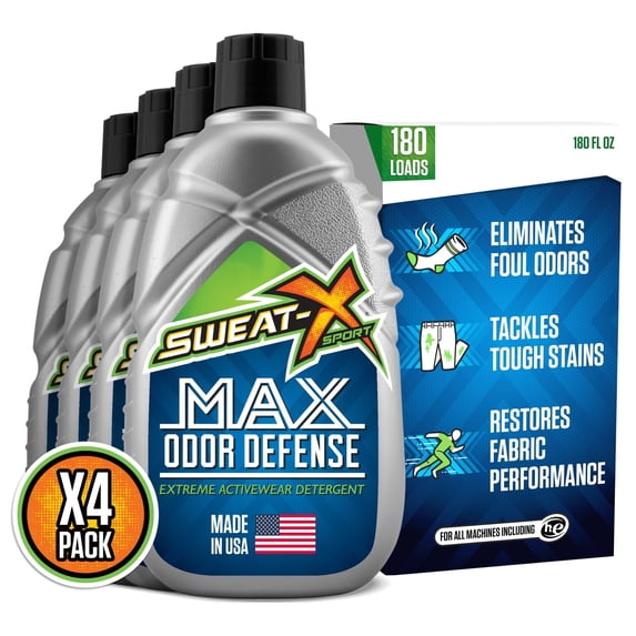 SWEAT X Max Odor Defense Laundry Detergent Liquid - Natural Washing Detergent for Activewear & Gym Clothes - Laundry Detergent for Sensitive Skin - Concentrated Detergent, 45 Loads/Bottle (4 Bottles)