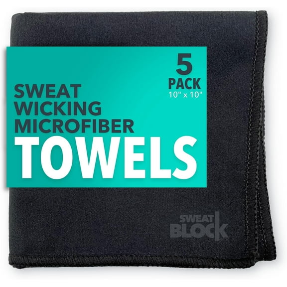 SweatBlock Microfiber Sweat Absorbing Handkerchief - Sport, Gym, Daily Use - for Hands, Face, Body - Machine Washable, Reusable - Men & Women - 10x10 (5 Pack, Black)