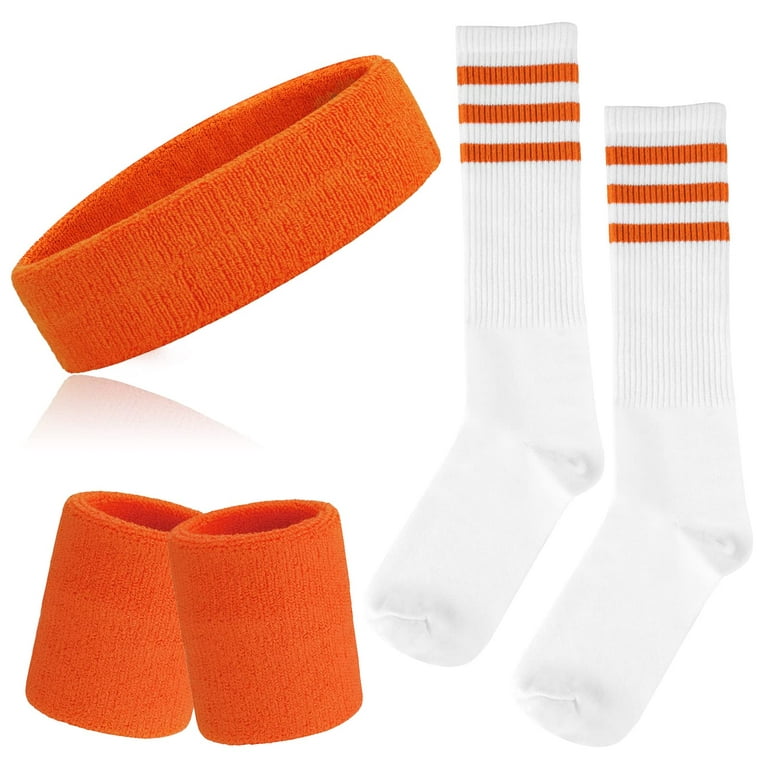 Sweatbands Striped Socks Set Sports Headband Wristband Knee High Tube Socks 80s  Costume Accessory for Women, 1 Pairs-Orange 