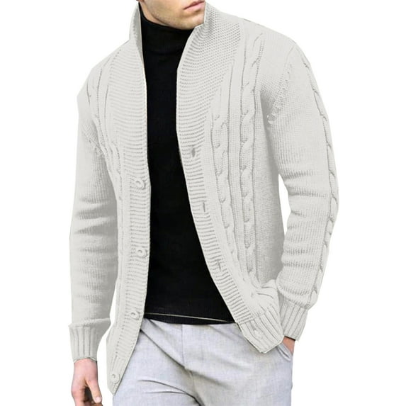 Sweater Cardigan For Men Stand Collar Button Down Solid Color Ribbed Outwear Casual Lightweight Knit Jackets (XL, White)