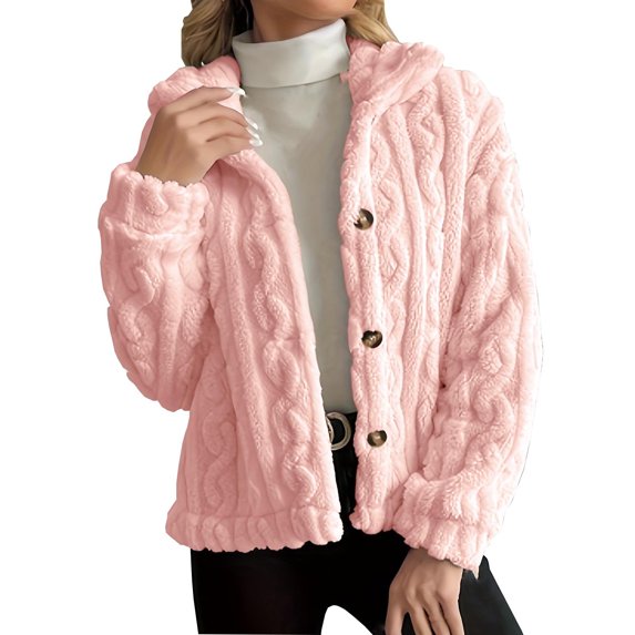 Sweater Cardigan For Women Lapel Button Down Long Sleeve Solid Color Cable Knitted Jackets Casual Fuzzy Outwear (M, Pink)