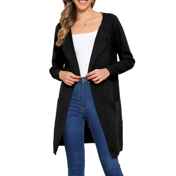 Sweater Cardigan for Women Fall Outerwear Open Front Long Sleeve Mid Long Knit Coatigan Jacket L Black