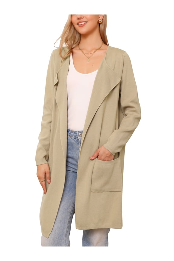 Sweater Cardigan for Women Fall Outerwear Open Front Long Sleeve Mid Long Knit Coatigan Jacket XS Khaki