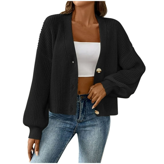 Sweater Cardigans for Women Button Up Long Sleeve V Neck Trendy Knit Sweaters Loose Casual Fall Outerwear (S, Black)