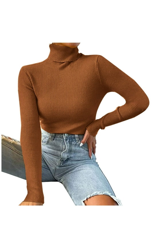Sweater Fashion Women Solid Long Sleeve Pullove Turtleneck-Neck Casual Sweater Tops
