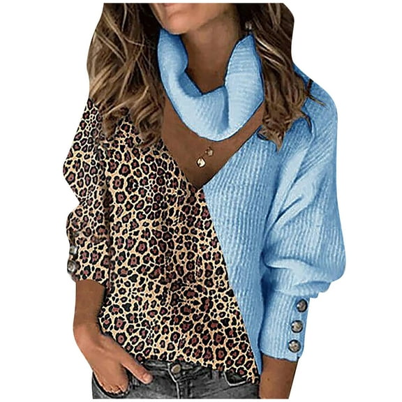 Sweater Women Fashoin Print Patchwork Long Sleeves Turtleneck Sweater Knitting Top