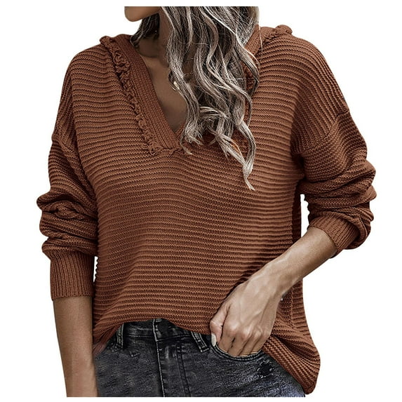 Sweater Women's Fashion Long Sleeves V-Neck Loose Tops Blouse Solid Color Hooded Knitted Sweater