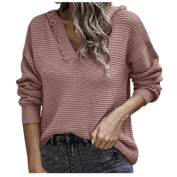 Sweater Clearance Women's Fashion Long Sleeves V-Neck Loose Tops Blouse Solid Color Hooded Knitted Sweater