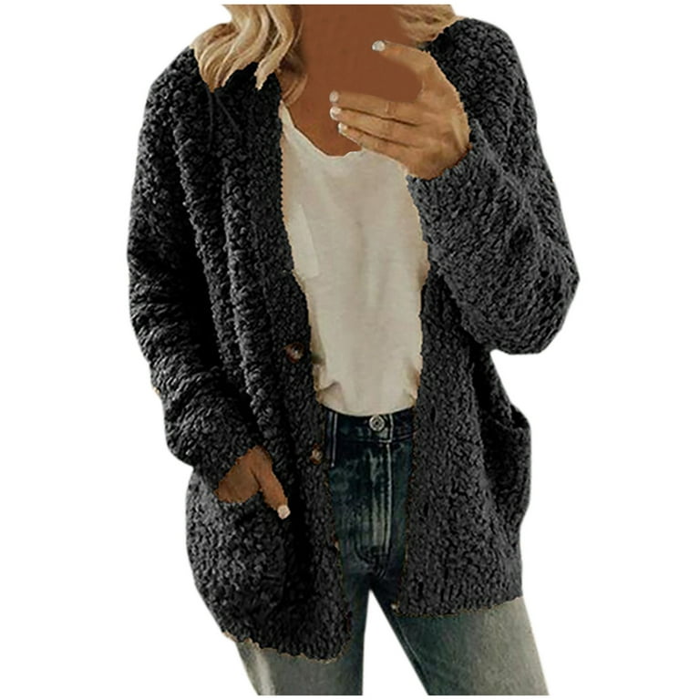 Sweater Coat Women Casual Plus Size Plush Sweater Pockets Outerwear Buttons Cardigan  Coat Black L - Walmart.com