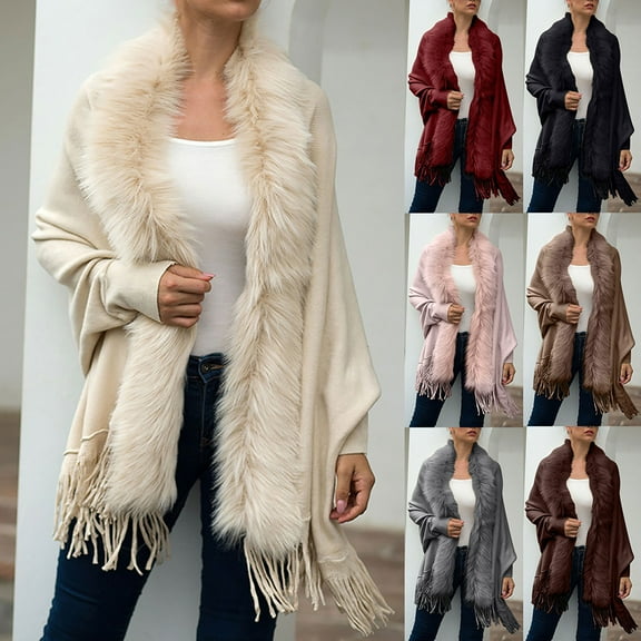 Sweater Coat for Women Zpanxa Women's Faux Fur Collar for Winter Coat, Winter Faux Fur Shawl Cover Up, Casual Knit Cardigan Sweater Outwear with Pocket Beige One Size