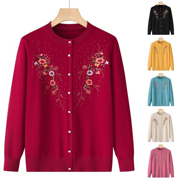 Sweater Coats for Women Floral Embroidery Open Front Crewneck Cardigan Sweaters Elegant Casual Comfortable Spring Fall Outerwear Pink XL