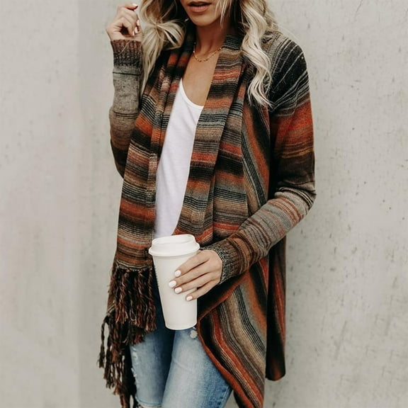Sweater Coats for Women Gradient Stripe Open Front Cardigan Sweaters Casual Loose Fall Winter Lazy Comfortable Knit Outerwear Multicolour L
