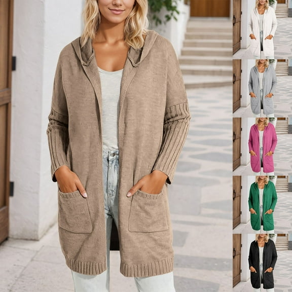 Sweater Coats for Women Hooded Open Front Cardigan Sweaters with Pockets Casual Fall Winter Lazy Comfortable Knit Outerwear White L