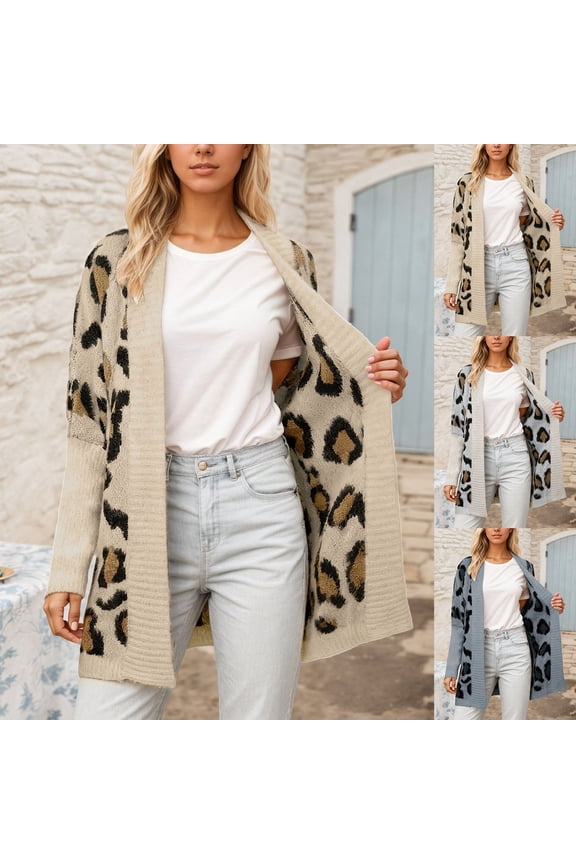 Sweater Coats for Women Leopard Print Open Front Cardigan Sweaters with Pockets Casual Fall Winter Soft Knit Outerwear Beige M
