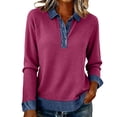 thumbnail image 1 of Sweater with Denim Collar and Cuffs, Yigetop Sweatshirt for Women Long Sleeve Button Collared Denim Shirt Casual Patchwork Knit Pullover Trendy Spring Tops Knitted Denim Shirt Hot Pink, XL, 1 of 5