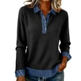 thumbnail image 1 of Sweater with Denim Collar and Cuffs, Yigetop Sweatshirt for Women Long Sleeve Button Collared Denim Shirt Casual Patchwork Knit Pullover Trendy Spring Tops Knitted Denim Shirt Dark Gray, S, 1 of 5