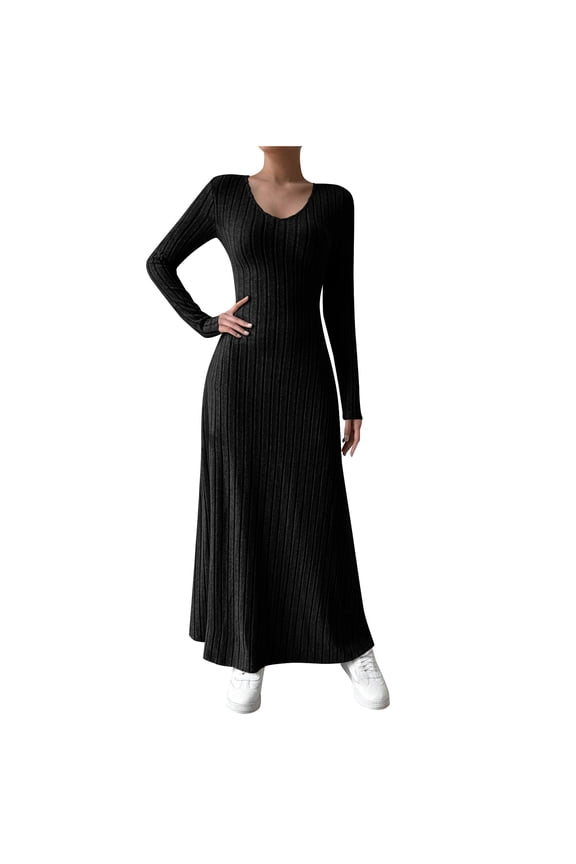 Sweater Dress For Women Sevevn Women's Ribbed Knit Sweater Dress Casual Long Sleeve U Neck Bodycon Pleated A Line Long Dress Streetwear