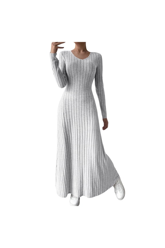 Sweater Dress For Women Sevevn Women's Ribbed Knit Sweater Dress Casual Long Sleeve U Neck Bodycon Pleated A Line Long Dress Streetwear