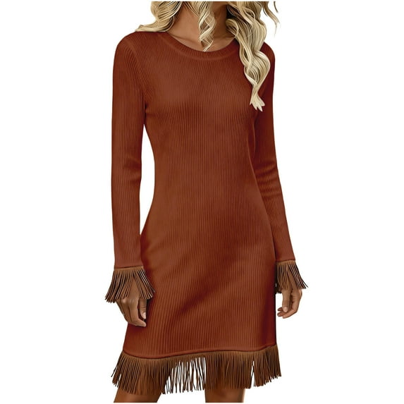 Sweater Dress Sevevn Women's Ribbed Knit Long Sleeve Mini Dress with Fringe Trim Round Neck Bodycon Dress Brown S