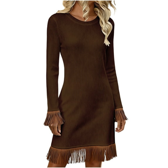 Sweater Dress Sevevn Women's Ribbed Knit Long Sleeve Mini Dress with Fringe Trim Round Neck Bodycon Dress Coffee XXL