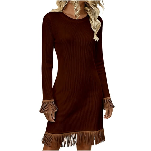 Sweater Dress Sevevn Women's Ribbed Knit Long Sleeve Mini Dress with Fringe Trim Round Neck Bodycon Dress Wine XXL