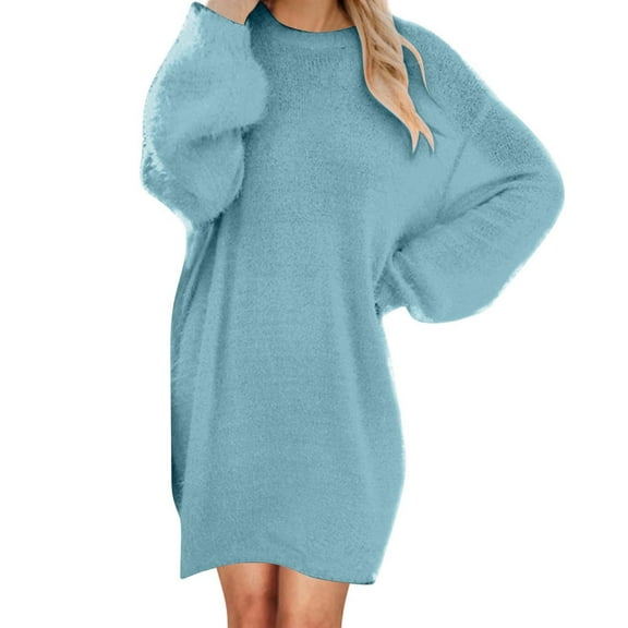 Sweater Dress for Women 2025 Medium Length Long Sleeved Round Neck Casual Loose Plush Dress Oversized Sweater Dress Fall Winter Loose Slouchy Soft Pullover