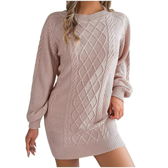 Sweater Dress for Women Argyle Ribbed Cable Knit Pullover Long Lantern Sleeve Basic Classic-Fit Sexy Outfits Trendy Fashion Clothing Crewneck Trendy Elastic Dressy