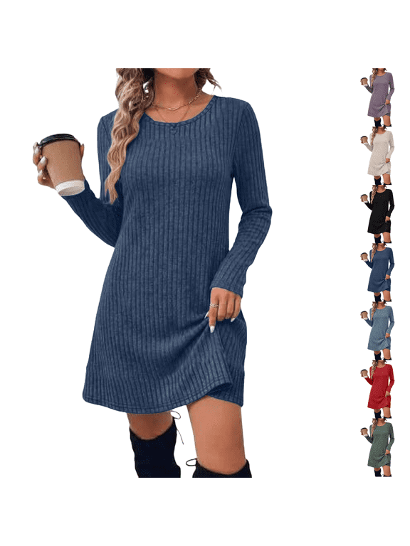 Sweater Dress Women Fall Long Sleeve V Neck Light Petite Dresses Winter Casual Knit Tunic Wedding Guest Clothing for Photoshoot Work Travel Navy S