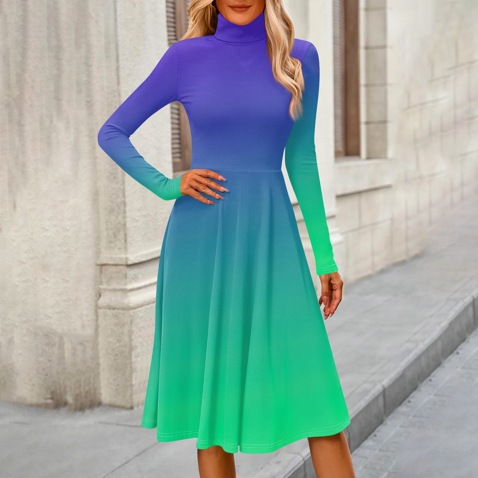 Sweater Dress Women's Casual Fashion High Neck Long Sleeve Print Midi