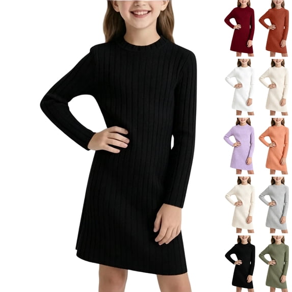 Sweater Dress for Girls Size 11-12 Long Sleeve Mock Neck Ribbed Knit Girls Fall Dresses Soft Pullover Dress Black